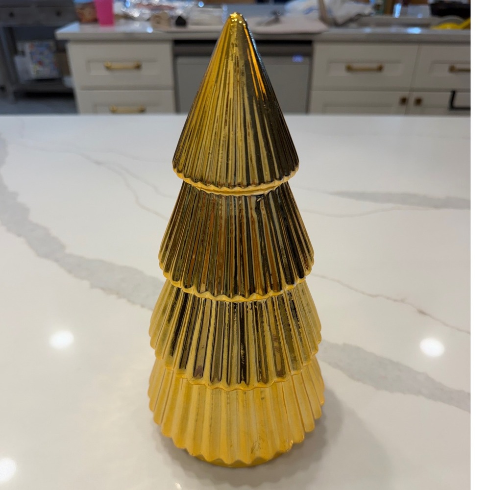 Gold Ceramic Tiered Christmas Tree Figurine Ribbed Metallic Holiday Decor - Picture 2 of 4